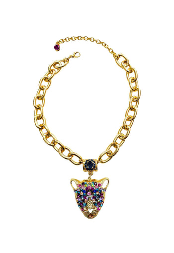Maxi Colar Aisha com pingente de onça dourado e pedras coloridas