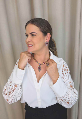 Colar Vinho: Luxuoso de Festa com Pedras Ametista e Cinza no Dourado | Look de Noite Inesquecível