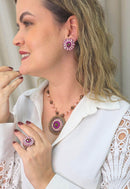 Colar Coliseu de Mandala com pedras rosa e marrom banhado no vintage