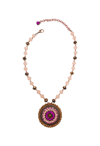 Colar Coliseu de Mandala com pedras rosa e marrom banhado no vintage