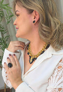 Maxi Colar Zaira: Romântico com Pedras Pretas, Coração, Cristais pretos e Corrente no Dourado | Look de Festa