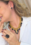Maxi Colar Zaira: Romântico com Pedras Pretas, Coração, Cristais pretos e Corrente no Dourado | Look de Festa
