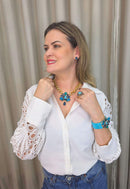 Colar Paola Turquesa: Moderno com Pedras Azuis e Correntaria no Dourado | Destaque no seu Look