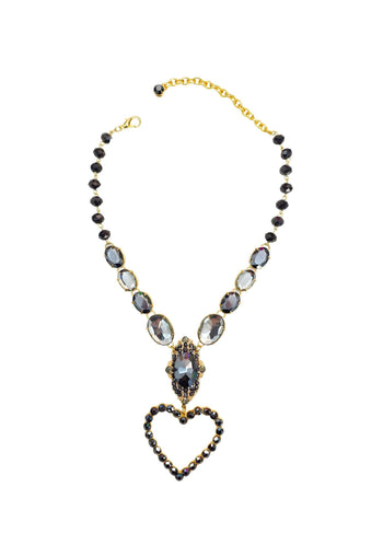 Colar Noemia de pedras hematite com pingente de coração banhado no dourado
