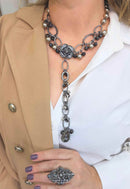 Colar Bolero: Floral Elegante com Pedras Grafite e Strass Hematite no Grafite | Look de Festa