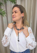 Colar Bolero: Floral Elegante com Pedras Grafite e Strass Hematite no Grafite | Look de Festa