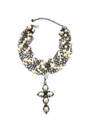 Maxi Colar Celebridade com perolas e crucifixo banhado no onix