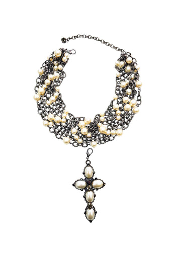 Maxi Colar Celebridade com perolas e crucifixo banhado no onix