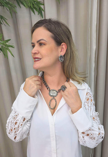 Colar Anali: Pingente Oval de Pedras Black Diamond no Grafite | Moda Festa Design By Sahara