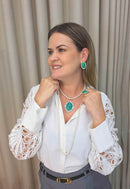 Colar Longo Pérolas Verde Água Dourado | Colar Geração