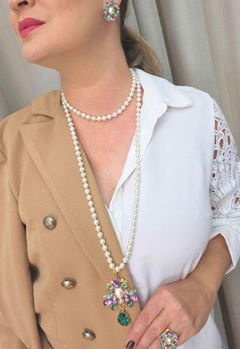 Colar Darci de Pérolas com Pingente de Pedras Coloridas Banhado Dourado | Sahara Acessórios