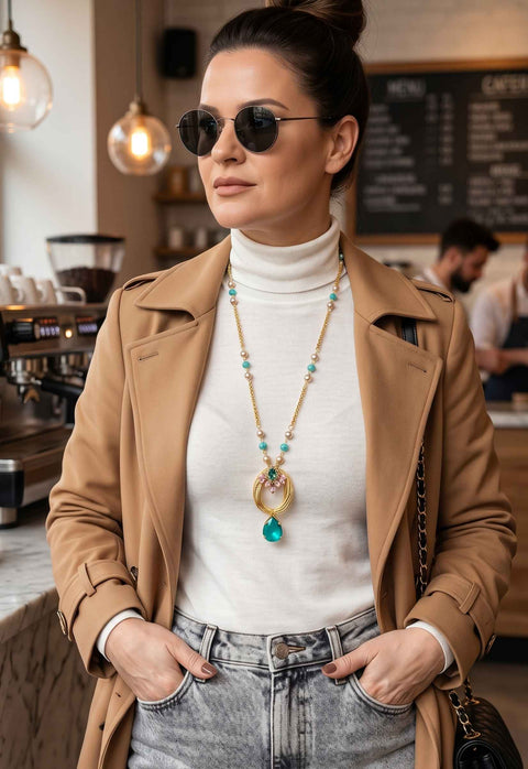 Colar Eduarda: Estilo Longo com Pingente e Pedras Coloridas no Dourado | Design By Sahara