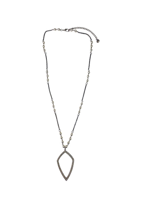 Colar Círia longo com pingente geometrico de pedras black diamond e esferas prata com veneziana grafite