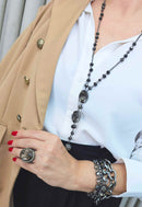 Colar Carisma estilo longuinho com pedras black diamond e hematite banhado no grafite