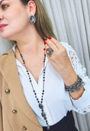 Colar Carisma estilo longuinho com pedras black diamond e hematite banhado no grafite