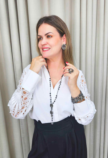 Colar Carisma estilo longuinho com pedras black diamond e hematite banhado no grafite