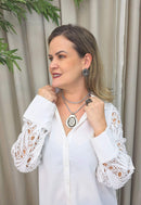 Colar Solange: Estilo Longo com Pingente Oval e Strass Black Diamond no Prata | Design By Sahara