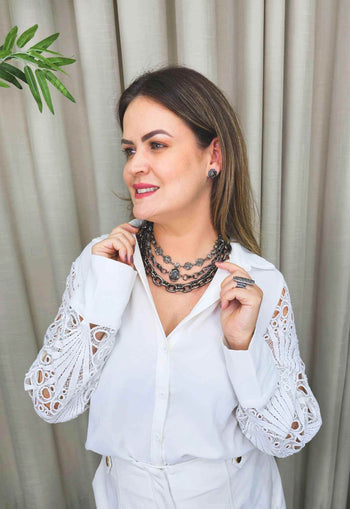 Colar Exclusividade onix com pedras black diamond e hematite e elos grafite