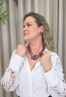 Colar Maria Filó chique de pedras ametista e roxas banhado no ouro velho