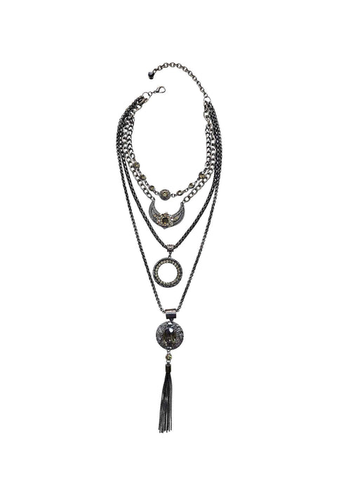 Colar Suelen mix de pingentes grafites com franjas e pedras hematite e black diamond