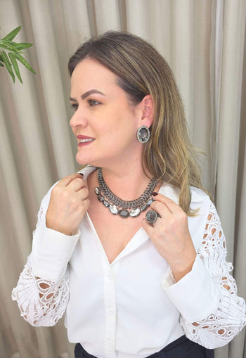 Colar Natuza Clássico de elos grafites e pedras black diamond e hematite