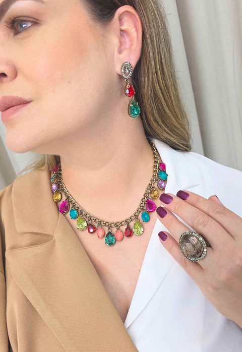 Colar Flaviana: Delicado de Corrente com Gotas Coloridas no Ouro Velho | Presente Inesquecível