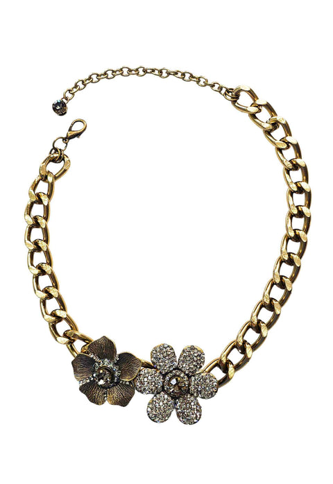 Colar Petra de flores com pedras black diamond e correntes ouro velho