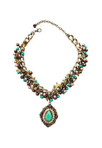 Colar Arminda luxo com perolas e cristais cobreados e verde banhado no ouro velho