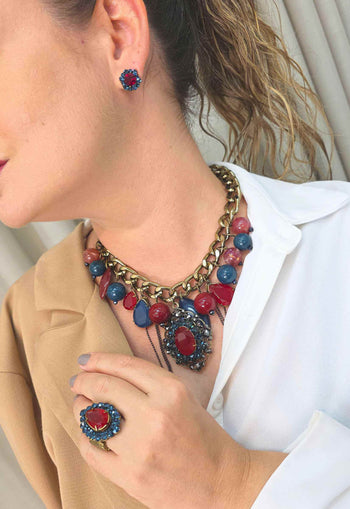 Maxi Colar Azul Vermelho Ouro Velho | Maxi Colar Joana