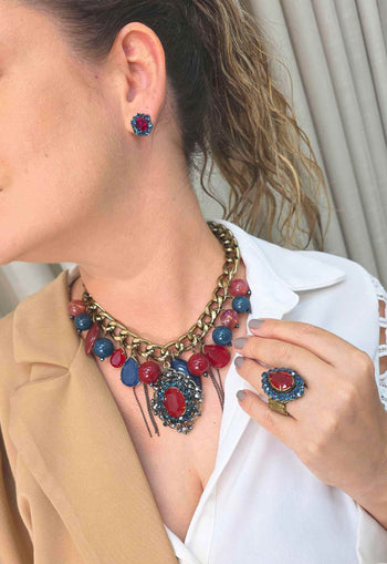Maxi Colar Azul Vermelho Ouro Velho | Maxi Colar Joana
