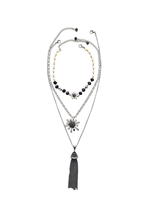 Colar Lígia mix com pingente de flor perolas e pedras hematite