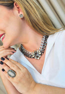 Colar Opala de correntaria prata e grafite com pingente de pedras black diamond