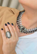 Colar Opala de correntaria prata e grafite com pingente de pedras black diamond