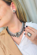 Colar Opala de correntaria prata e grafite com pingente de pedras black diamond