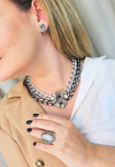 Colar Opala de correntaria prata e grafite com pingente de pedras black diamond