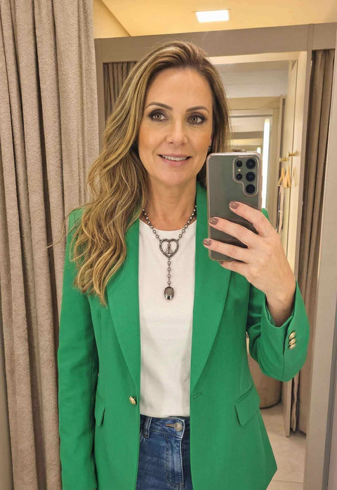 Colar Pérolas da Fé: Religioso com Nossa Senhora Aparecida, Bolinhas Prata e Strass Hematite | Seleção Especial da Dai