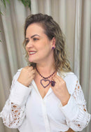 Colar Elisangela Ametista com pingente de coração e perolas ametista