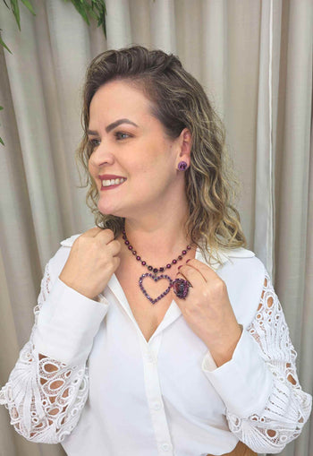 Colar Elisangela Ametista com pingente de coração e perolas ametista