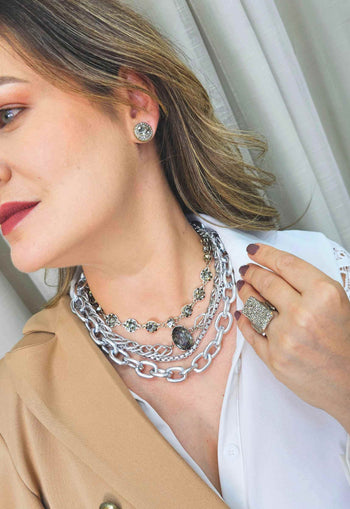 Colar Exclusividade silver com pedras black diamond e elos no prata