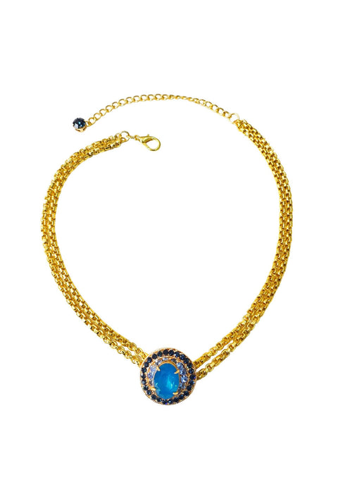 Colar Noélia estilo choker com pingente de pedras azuis e venezianas douradas