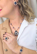 Colar Barcelona com cristais azuis e pêssego banhado no vintage