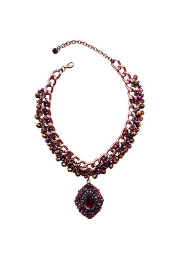 Colar Arminda luxo com pedras e cristais ametista banhado no vintage