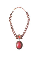 Colar Rania com pingente oval com pedra rose e strass pêssego banhado no vintage