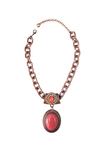 Colar Rania com pingente oval com pedra rose e strass pêssego banhado no vintage