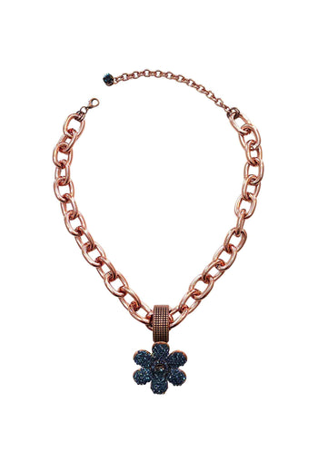 Colar Samara: Romântico com Flor Azul Marinho e Elos Vintage | Peça Exclusiva