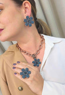 Colar Samara: Romântico com Flor Azul Marinho e Elos Vintage | Peça Exclusiva