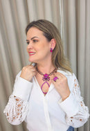Maxi colar Sarita luxo com pingente de gota e pedras fuscia e elos vintage