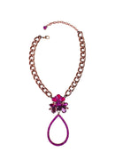 Maxi colar Sarita luxo com pingente de gota e pedras fuscia e elos vintage