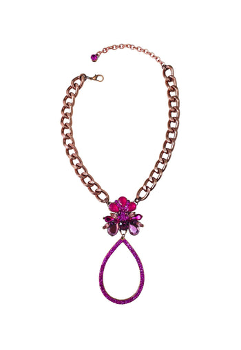 Maxi colar Sarita luxo com pingente de gota e pedras fuscia e elos vintage