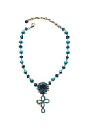 Colar Nanda: Religioso de Crucifixo com Pedras Azuis no Ouro Velho | Presente Inesquecível